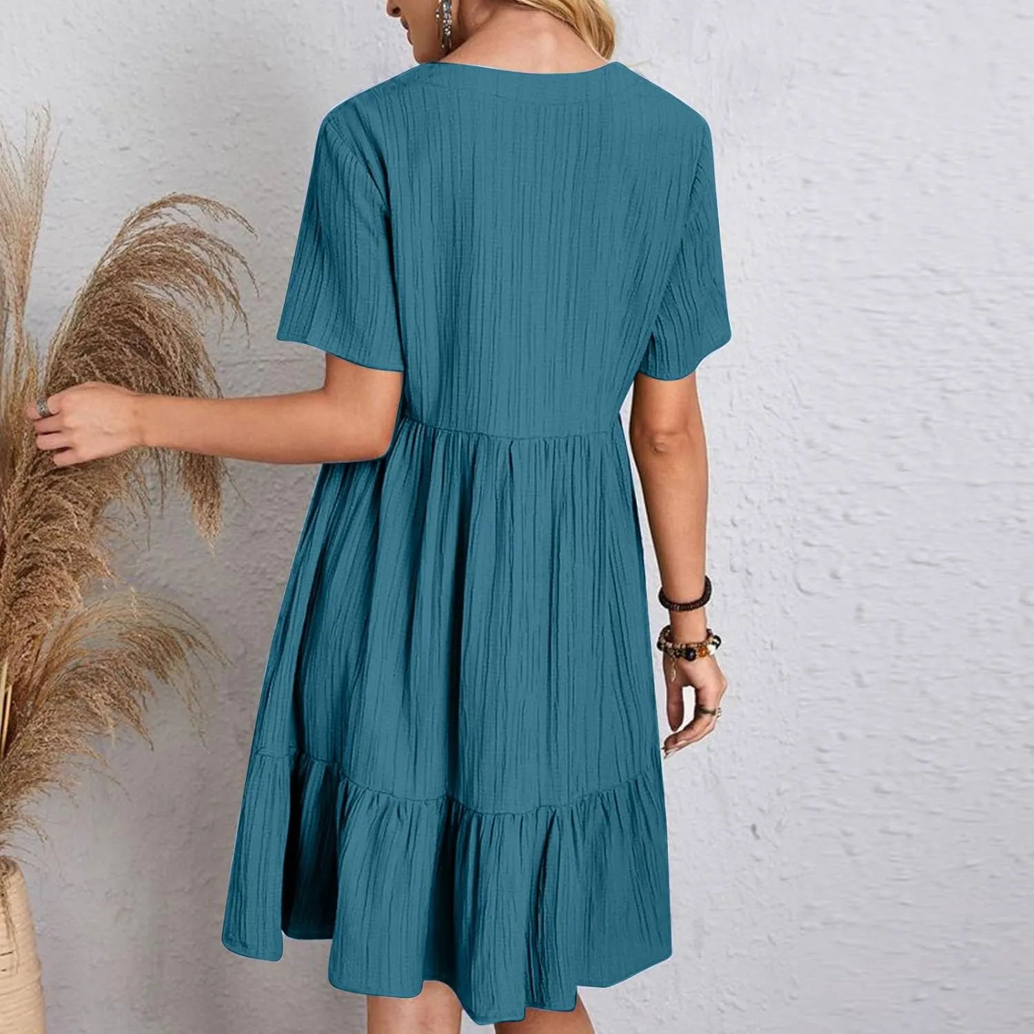 Dresses Women Summer 2025 Vacation Short Sleeve Mini Tshirt Dress Beach Smocked A Line Flutter Boho Sundress Outfit