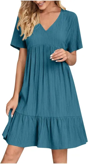 Dresses Women Summer 2025 Vacation Short Sleeve Mini Tshirt Dress Beach Smocked A Line Flutter Boho Sundress Outfit
