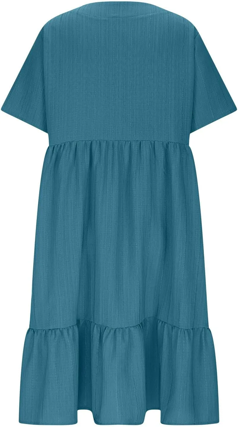 Dresses Women Summer 2025 Vacation Short Sleeve Mini Tshirt Dress Beach Smocked A Line Flutter Boho Sundress Outfit