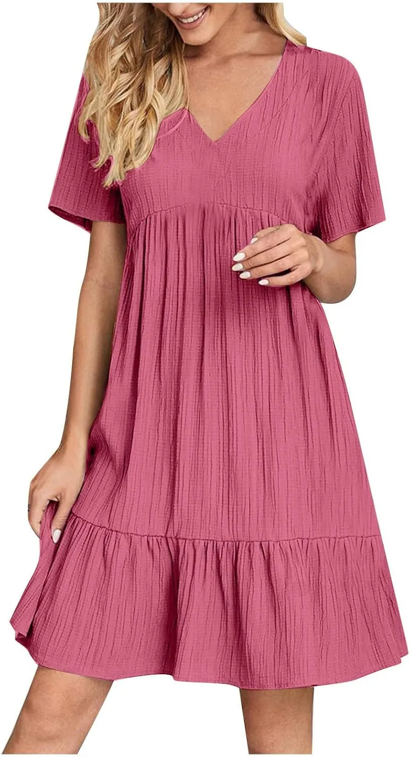 Dresses Women Summer 2025 Vacation Short Sleeve Mini Tshirt Dress Beach Smocked A Line Flutter Boho Sundress Outfit