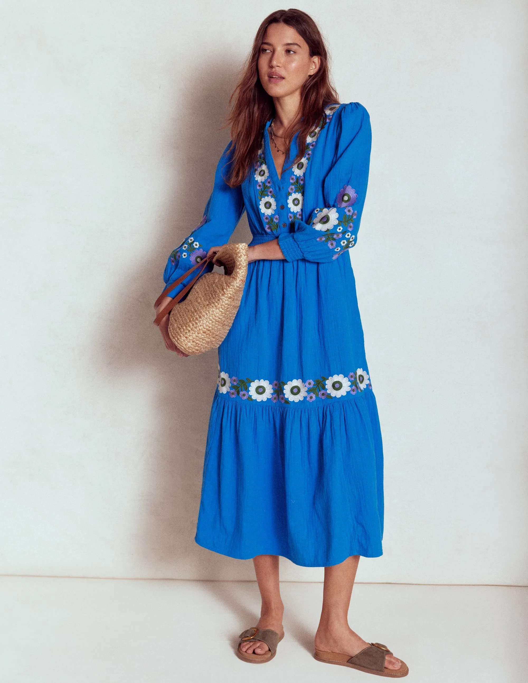 Elena Double Cloth Midi Dress-Blue Embroidery