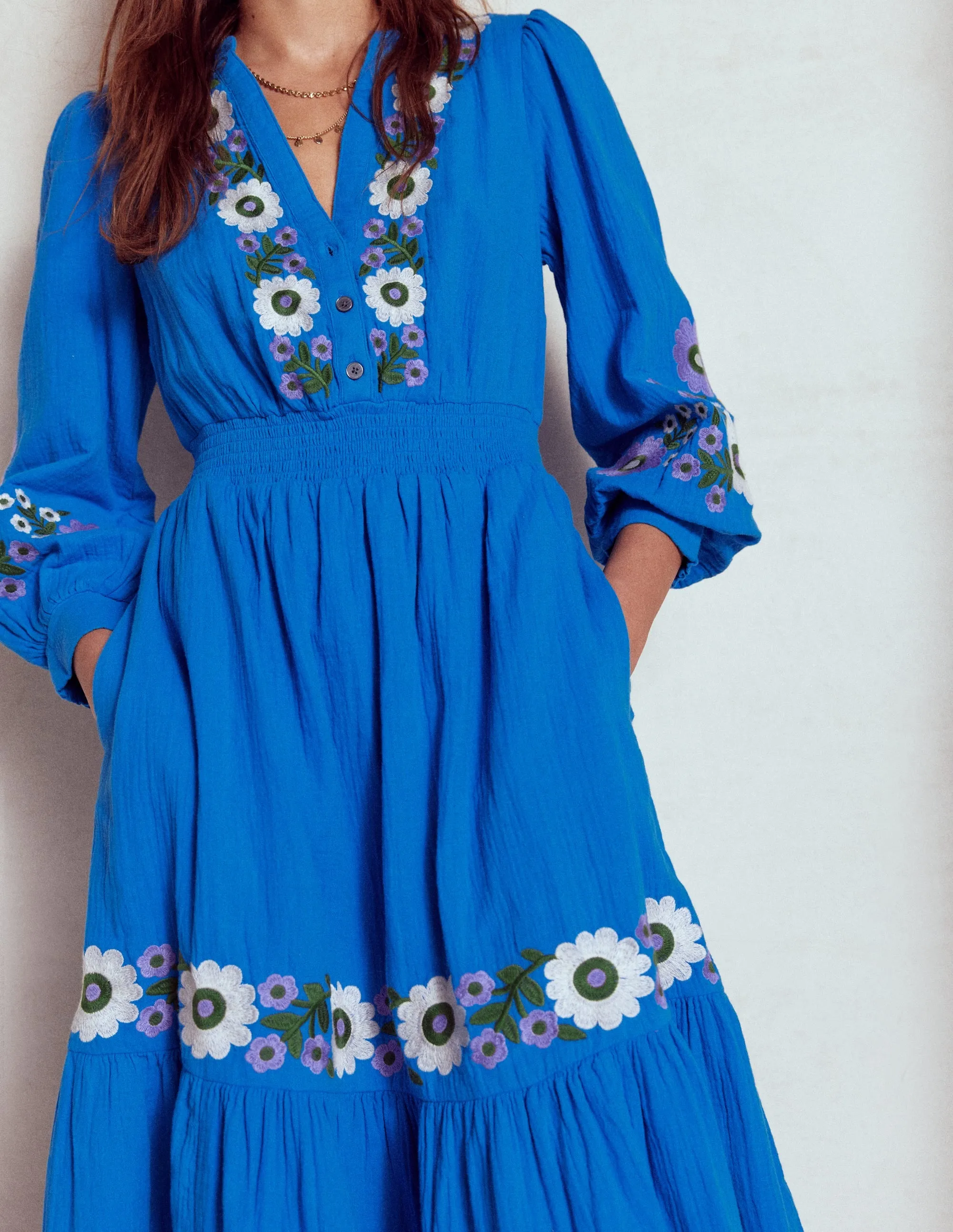 Elena Double Cloth Midi Dress-Blue Embroidery