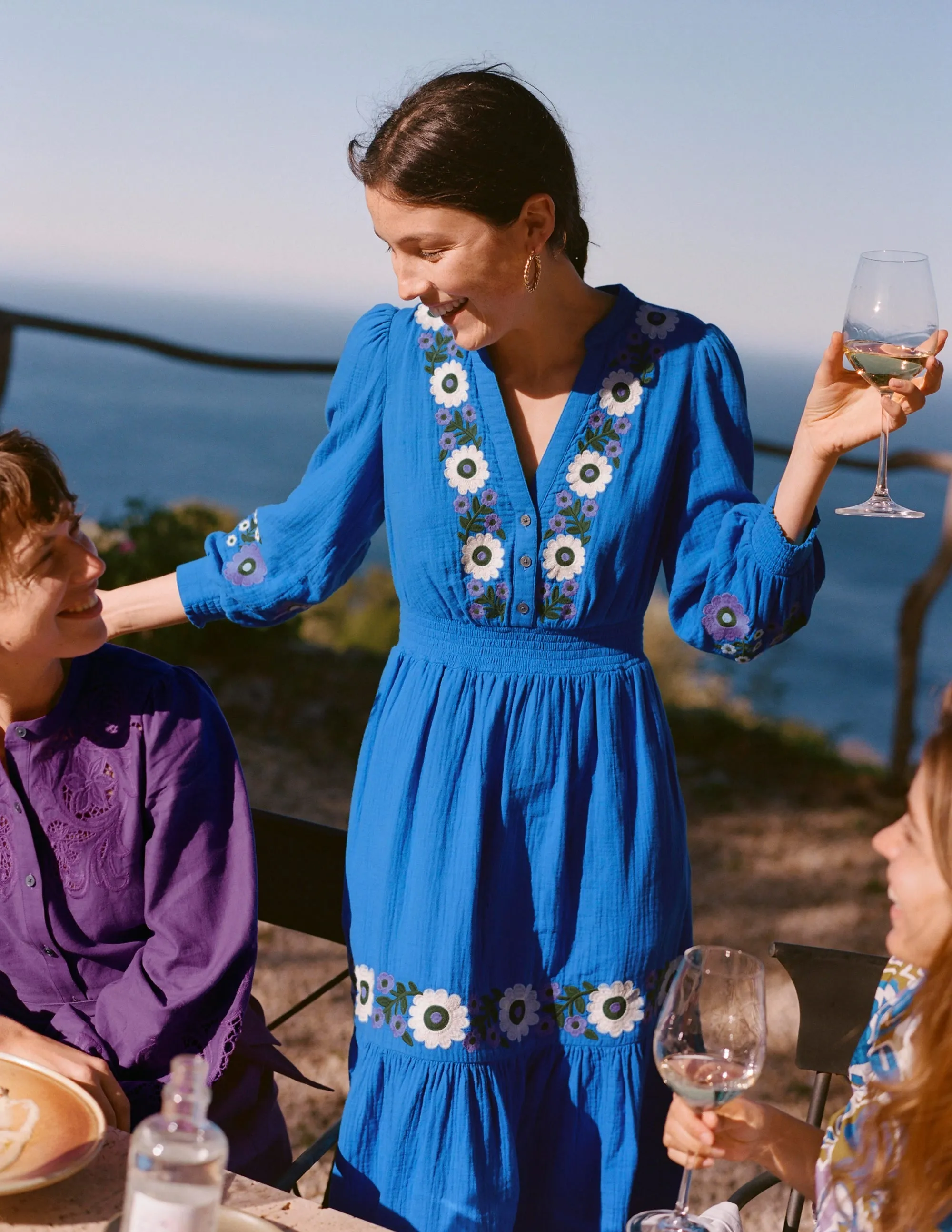 Elena Double Cloth Midi Dress-Blue Embroidery