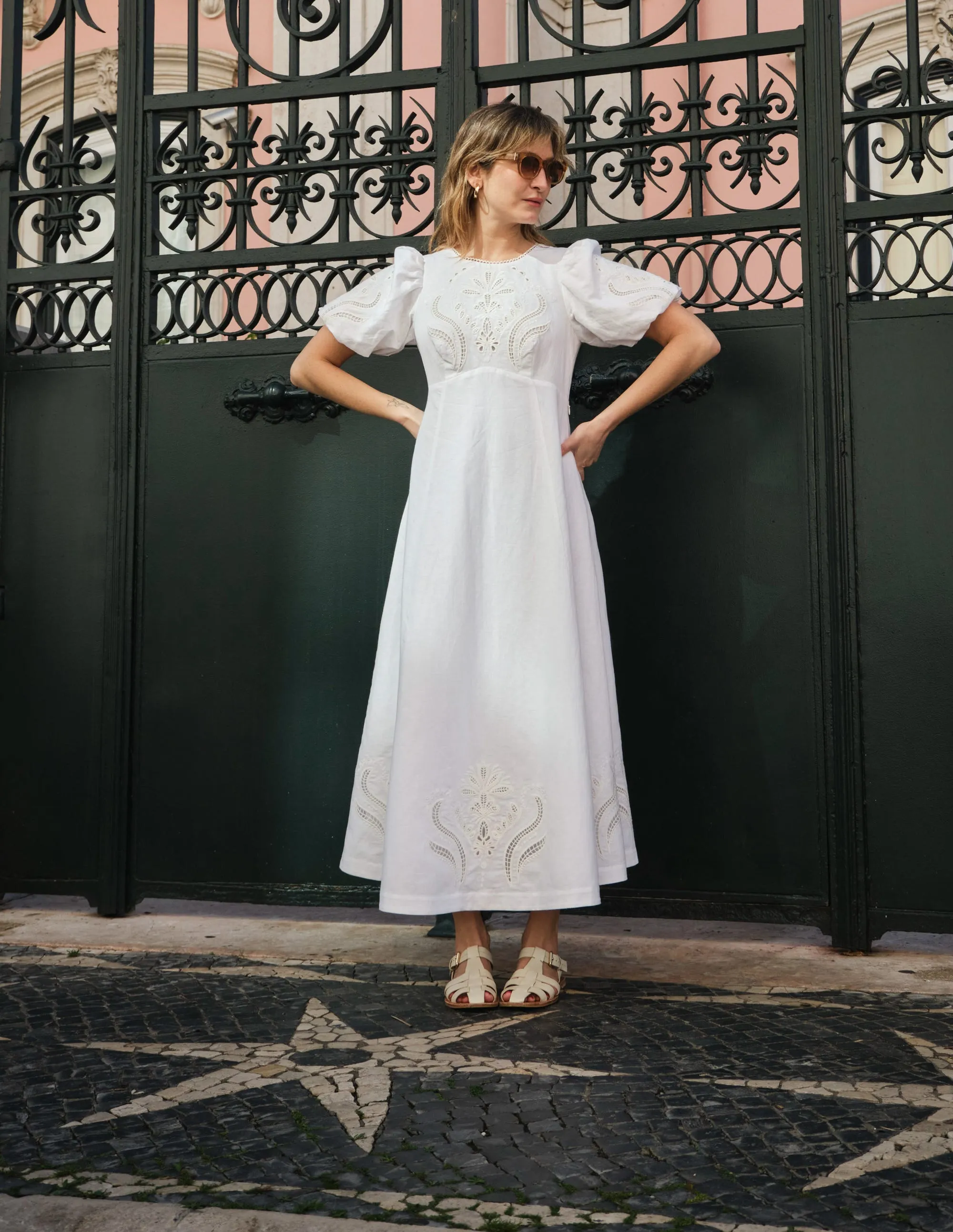 Empire Broderie Tea Dress-White
