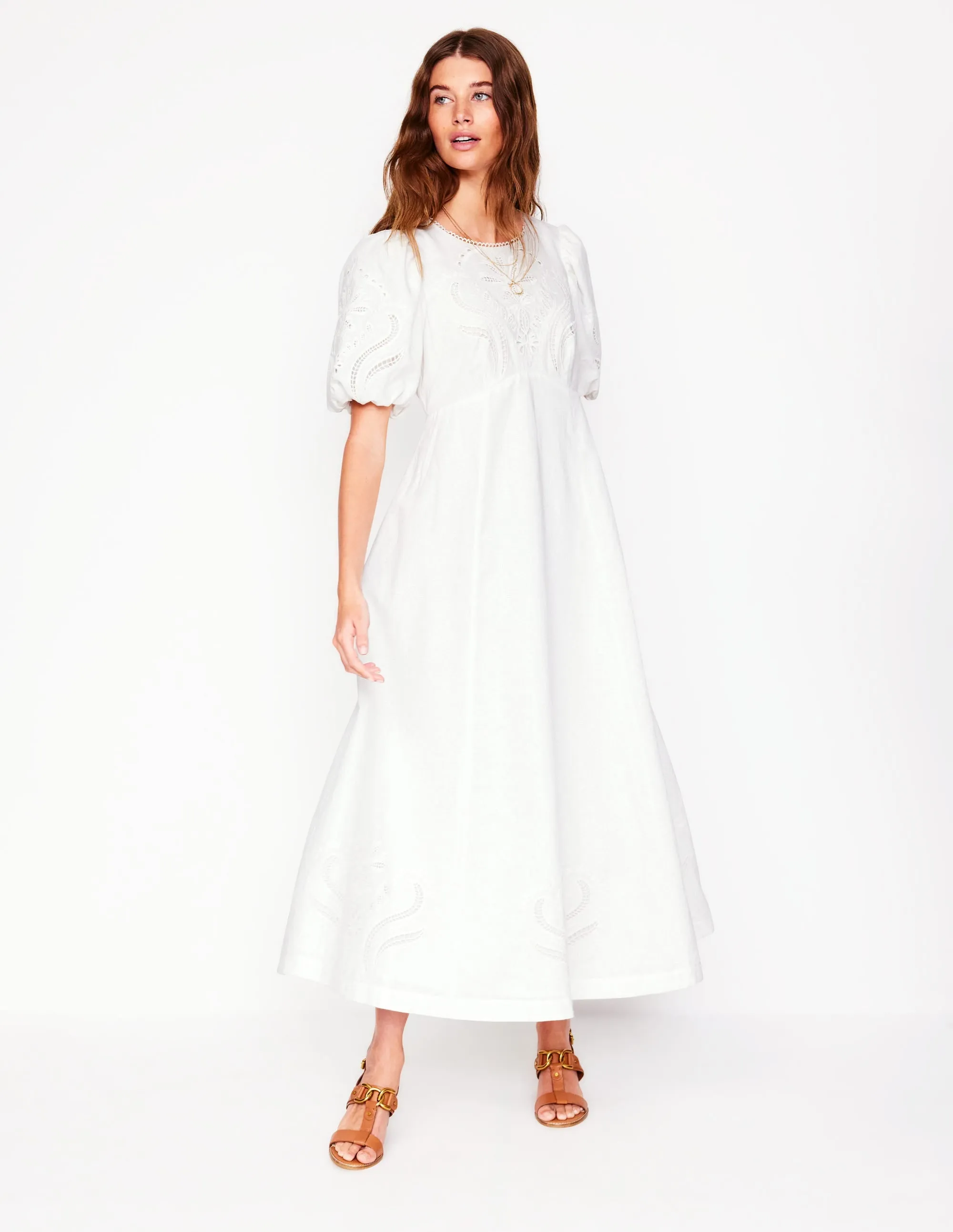 Empire Broderie Tea Dress-White