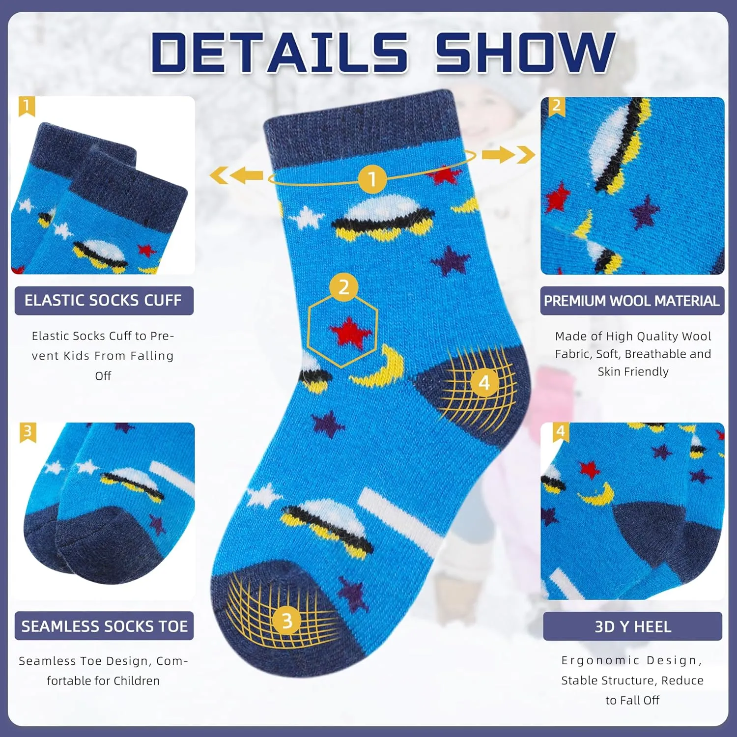 Eocom Kids Wool Socks For Boys Girls Warm Hiking Thermal Winter Cozy Soft Thick Toddlers Crew Boot Socks 6 Pairs