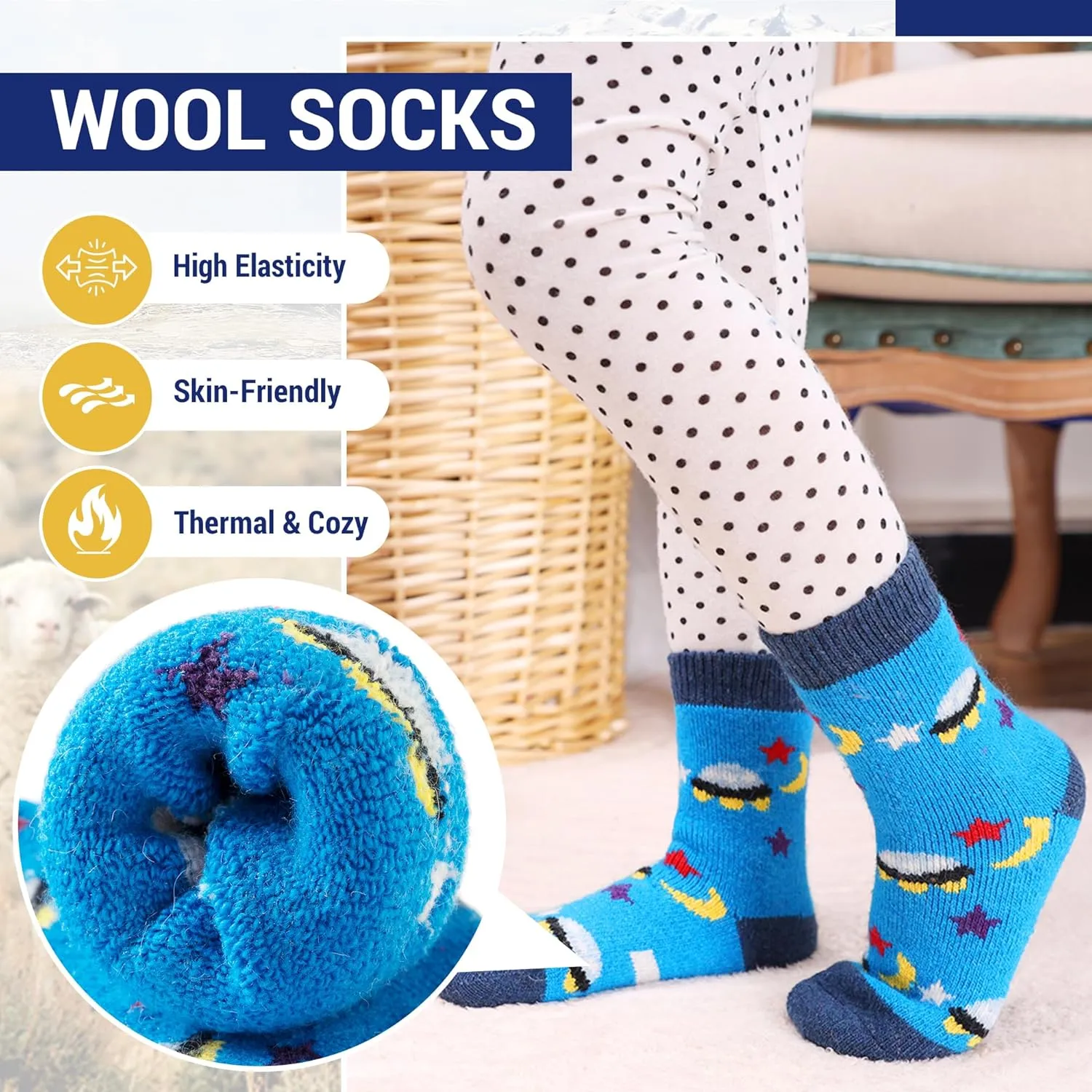 Eocom Kids Wool Socks For Boys Girls Warm Hiking Thermal Winter Cozy Soft Thick Toddlers Crew Boot Socks 6 Pairs