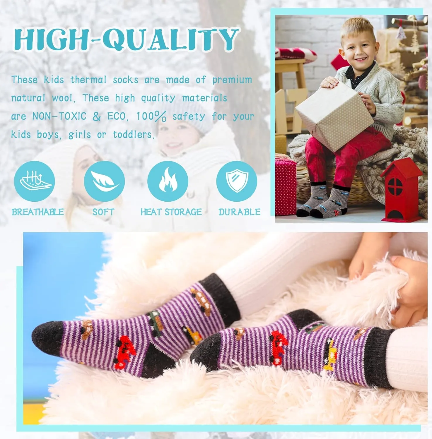 Eocom Kids Wool Socks Winter Warm Wool Hiking Thermal Thick Boot Cozy Crew Socks for Toddlers Boys Girls 6 Pairs