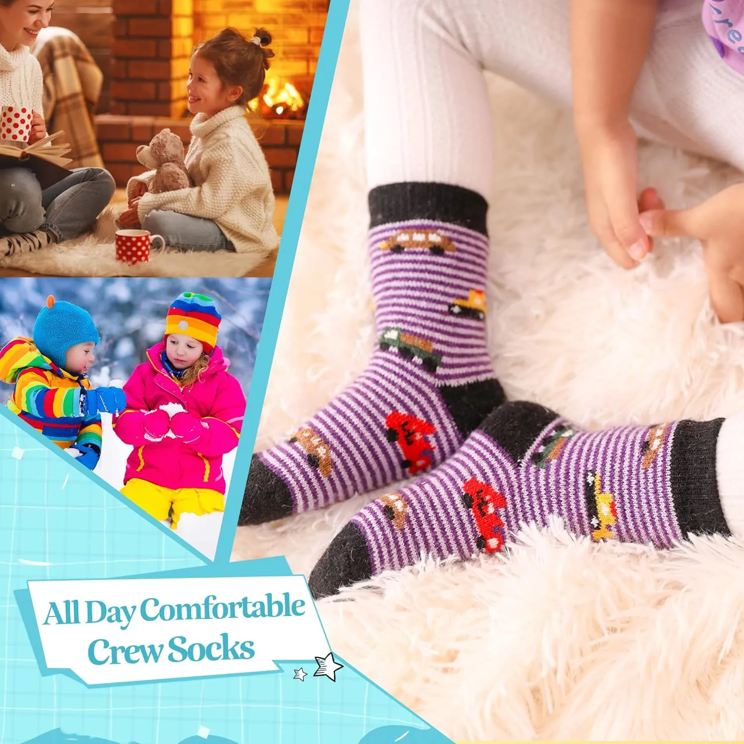 Eocom Kids Wool Socks Winter Warm Wool Hiking Thermal Thick Boot Cozy Crew Socks for Toddlers Boys Girls 6 Pairs