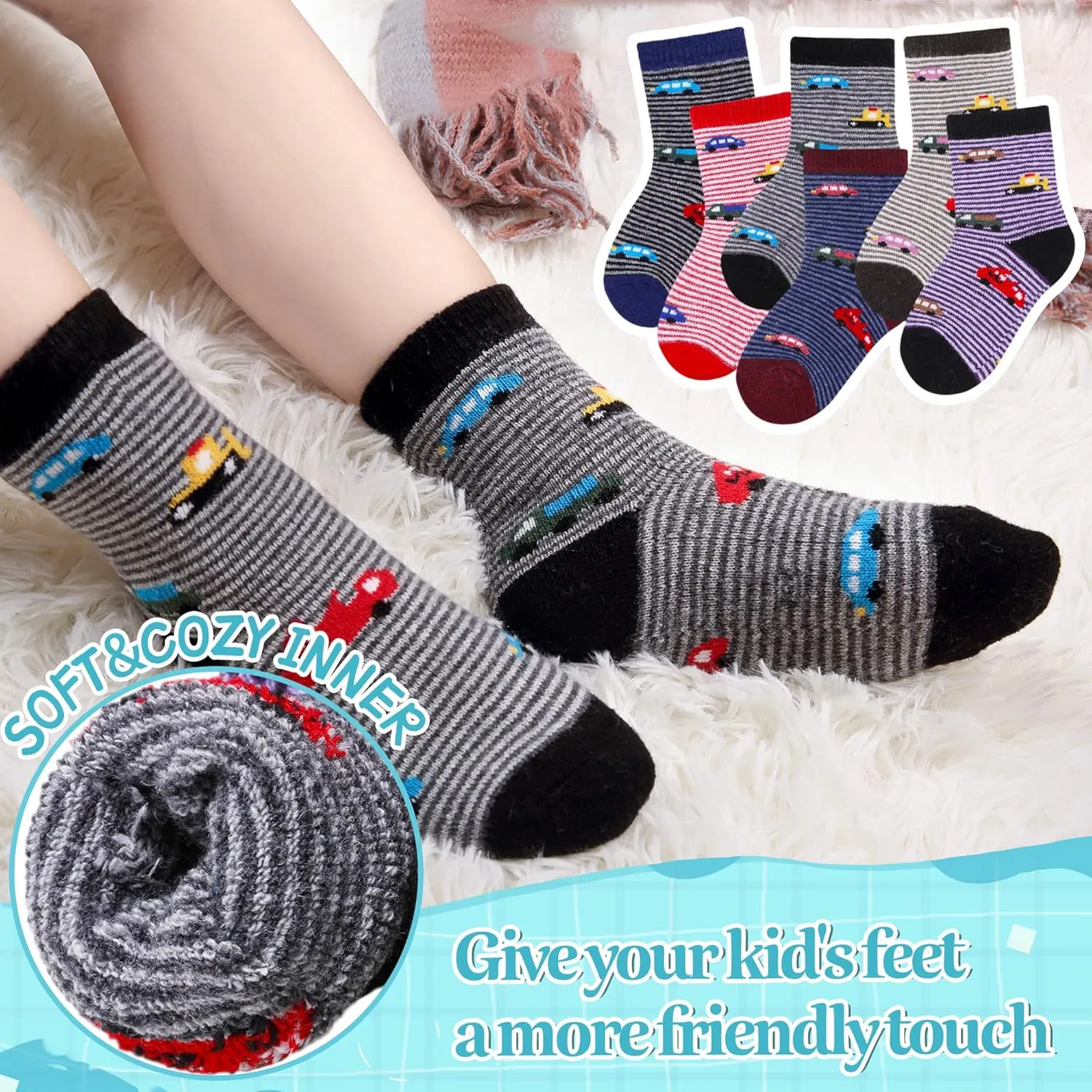 Eocom Kids Wool Socks Winter Warm Wool Hiking Thermal Thick Boot Cozy Crew Socks for Toddlers Boys Girls 6 Pairs