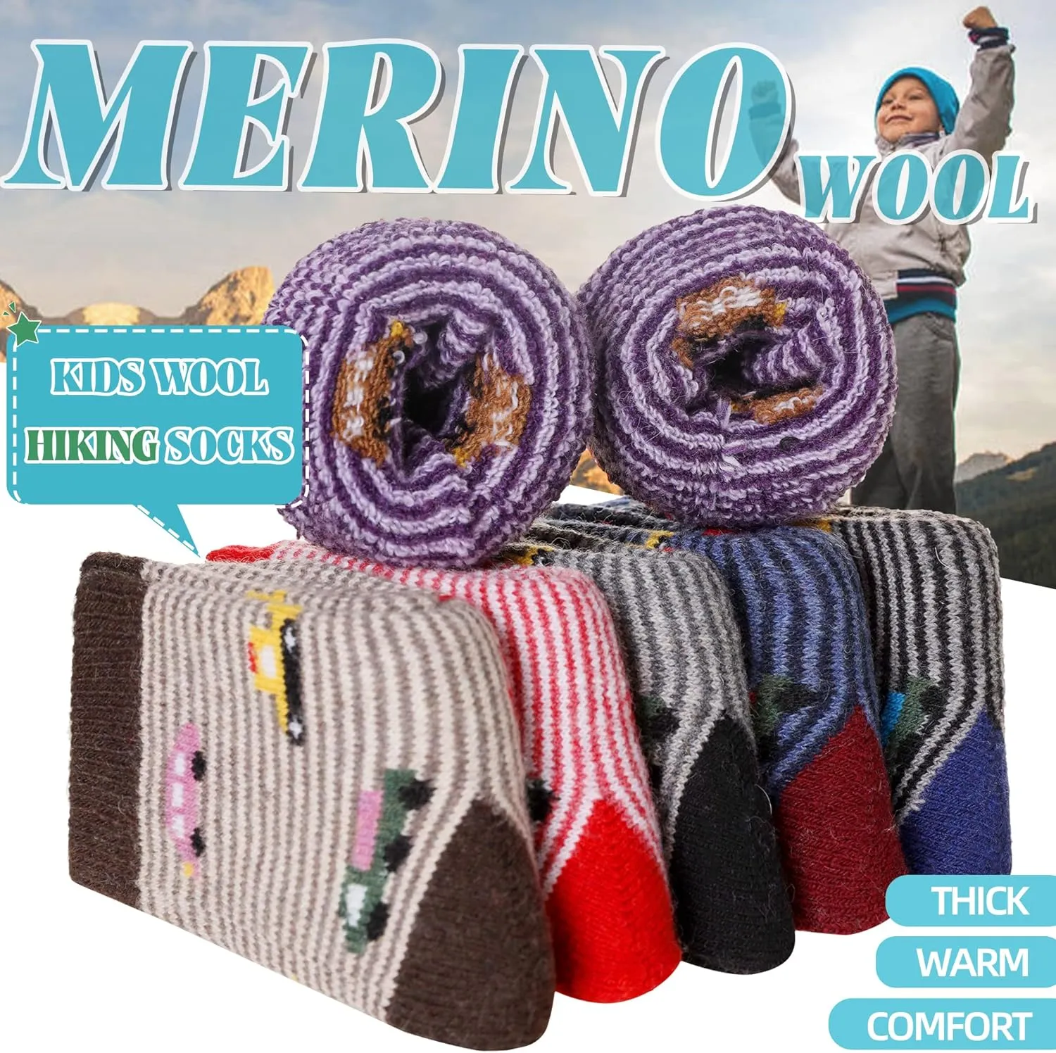 Eocom Kids Wool Socks Winter Warm Wool Hiking Thermal Thick Boot Cozy Crew Socks for Toddlers Boys Girls 6 Pairs