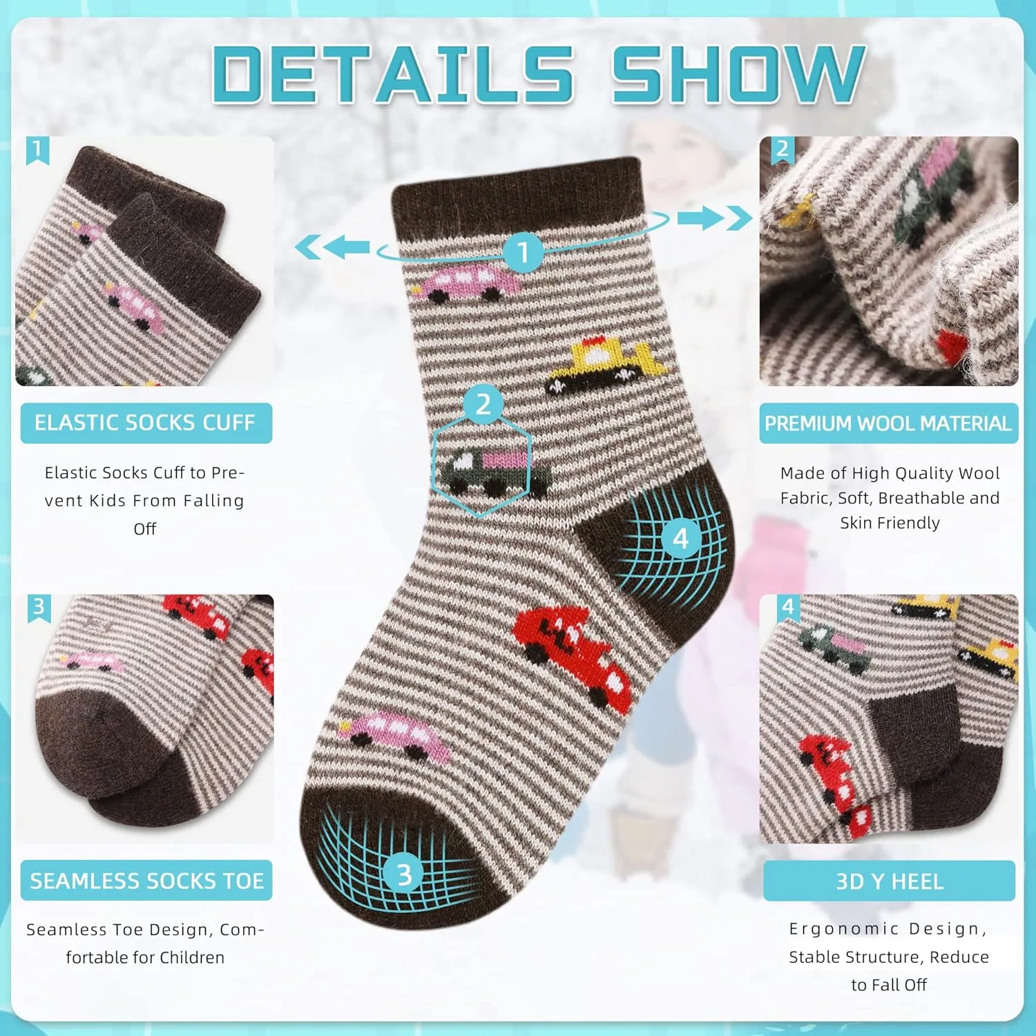 Eocom Kids Wool Socks Winter Warm Wool Hiking Thermal Thick Boot Cozy Crew Socks for Toddlers Boys Girls 6 Pairs