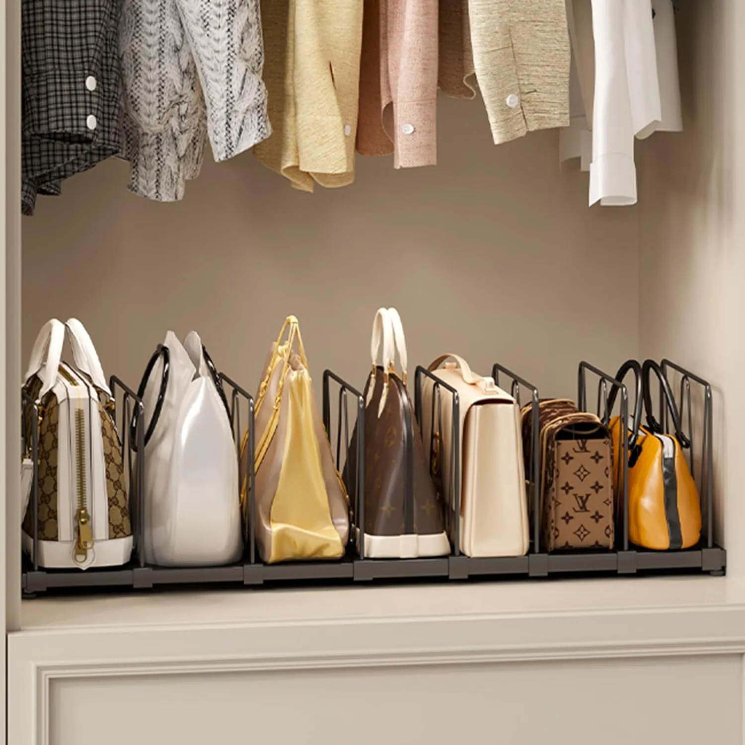 Extendable Purse Organizers Purse Storage. Length 16-28 in. Bag Organizer Purse Holder for Closet With 8 Adjustable Shelf Dividers, Black, Patent Pending