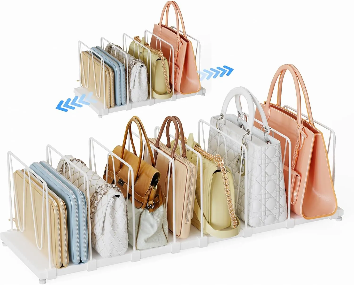 Extendable Purse Organizers Purse Storage. Length 16-28 in. Bag Organizer Purse Holder for Closet With 8 Adjustable Shelf Dividers Patent Pending