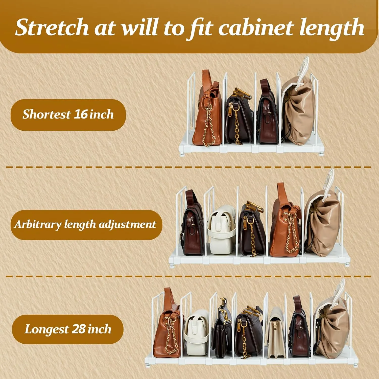 Extendable Purse Organizers Purse Storage. Length 16-28 in. Bag Organizer Purse Holder for Closet With 8 Adjustable Shelf Dividers Patent Pending