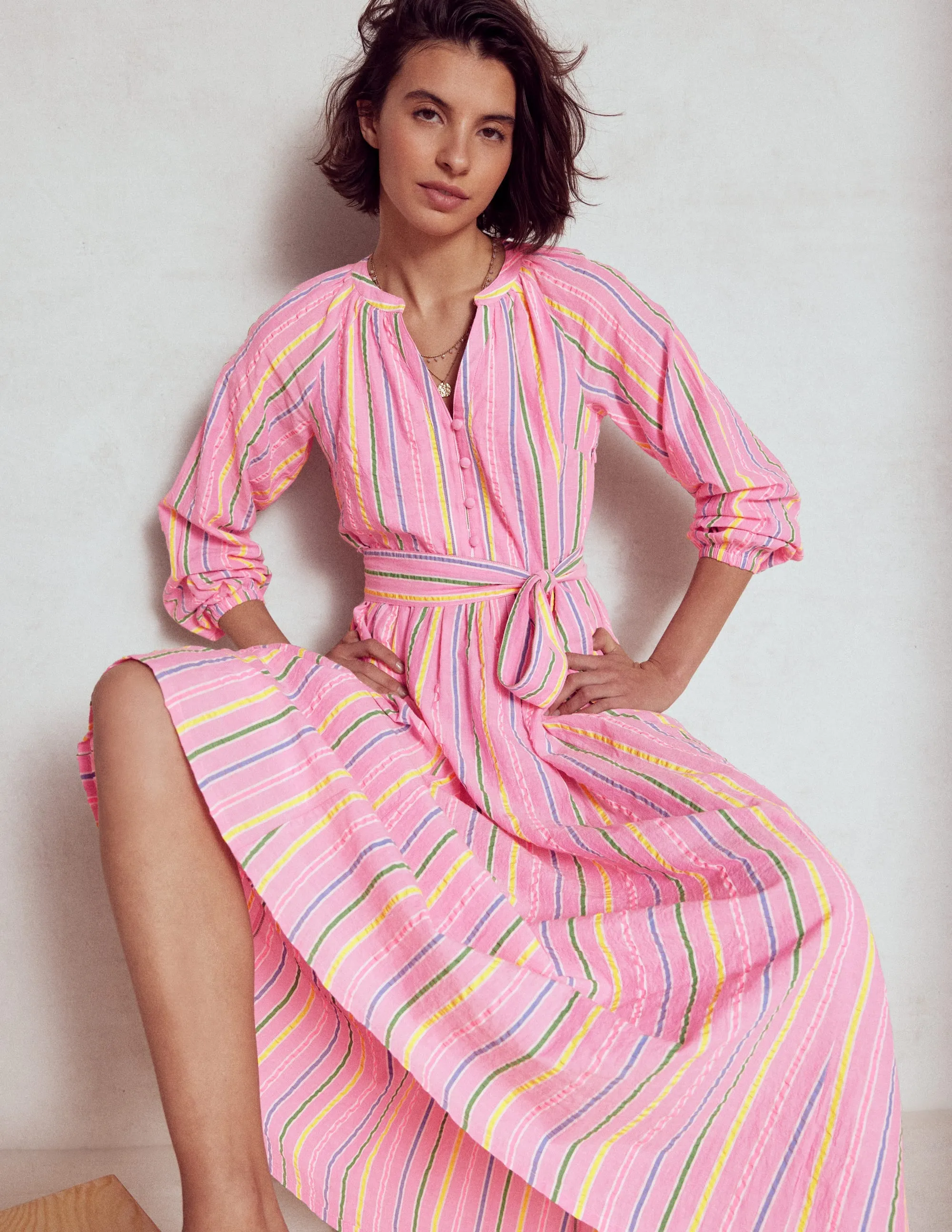 Faye Cotton Maxi Dress-Sorbet Pink, Seersucker Stripe