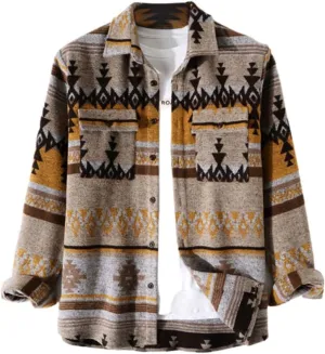 FindThy Mens Brushed Flannel Shirts Ethnic Aztec Print Button Up Lapel Tribal Shirt Jacket Shacket