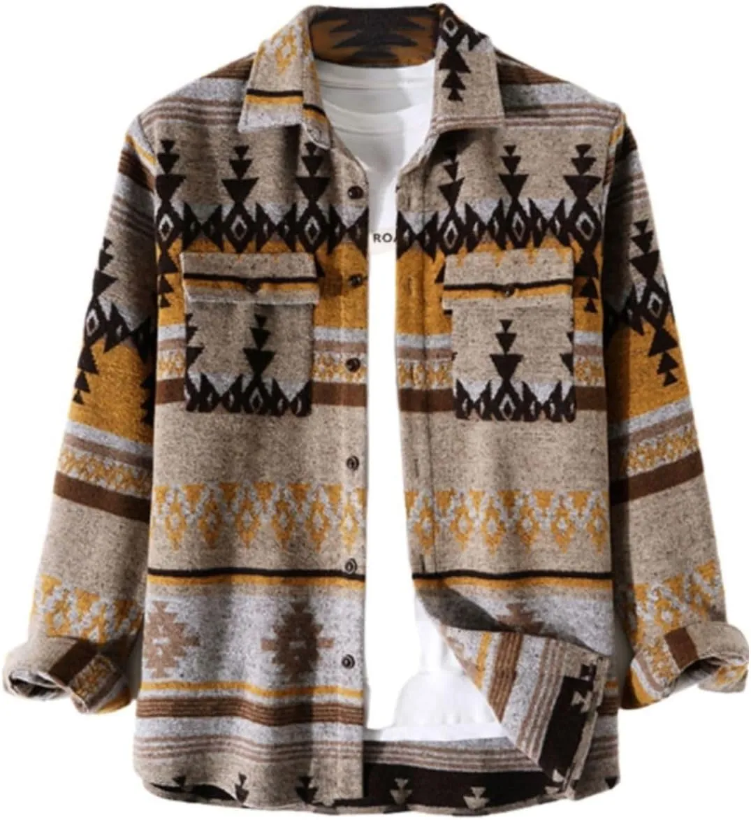 FindThy Mens Brushed Flannel Shirts Ethnic Aztec Print Button Up Lapel Tribal Shirt Jacket Shacket