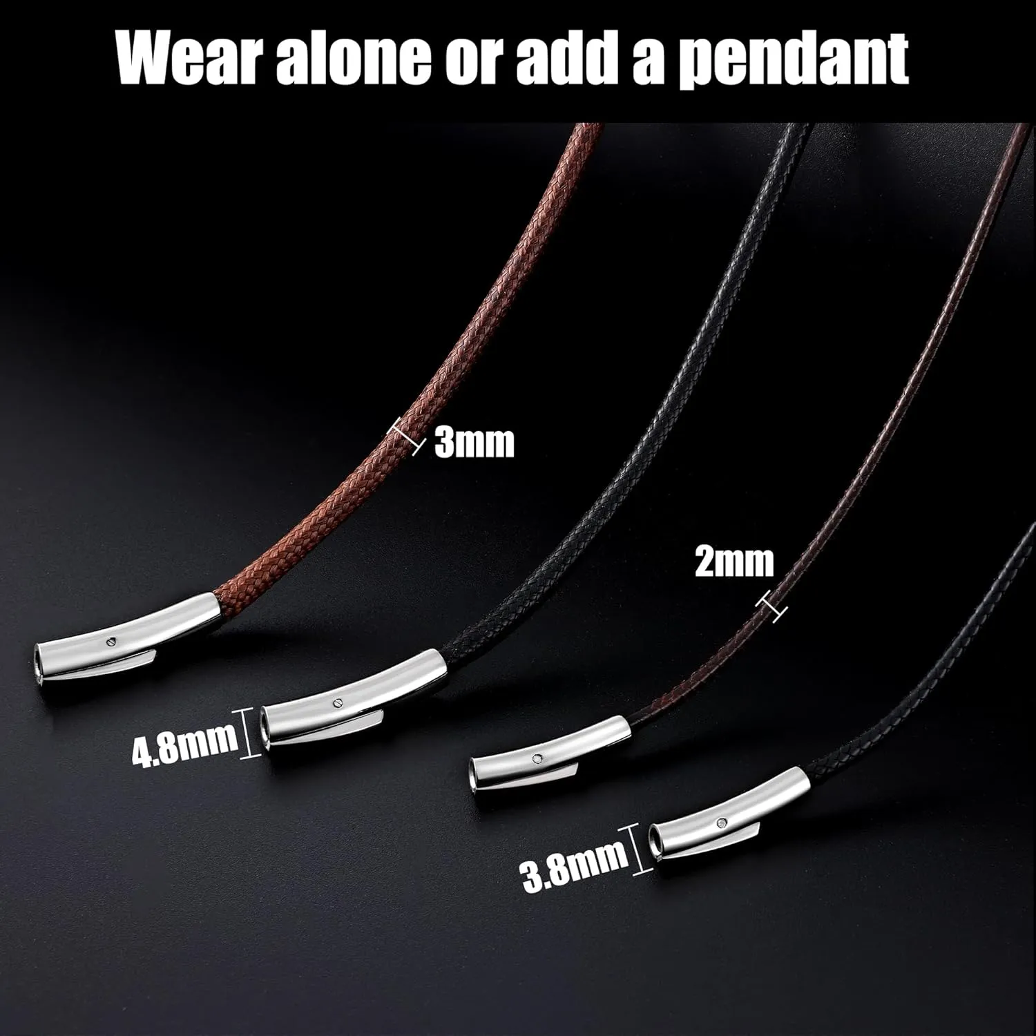 Fiusem iusem Black/Brown Braided String Cord Necklace for Men, 2/3MM Waterproof Leather Cord Chain, Mens Necklace 16-28 Inch
