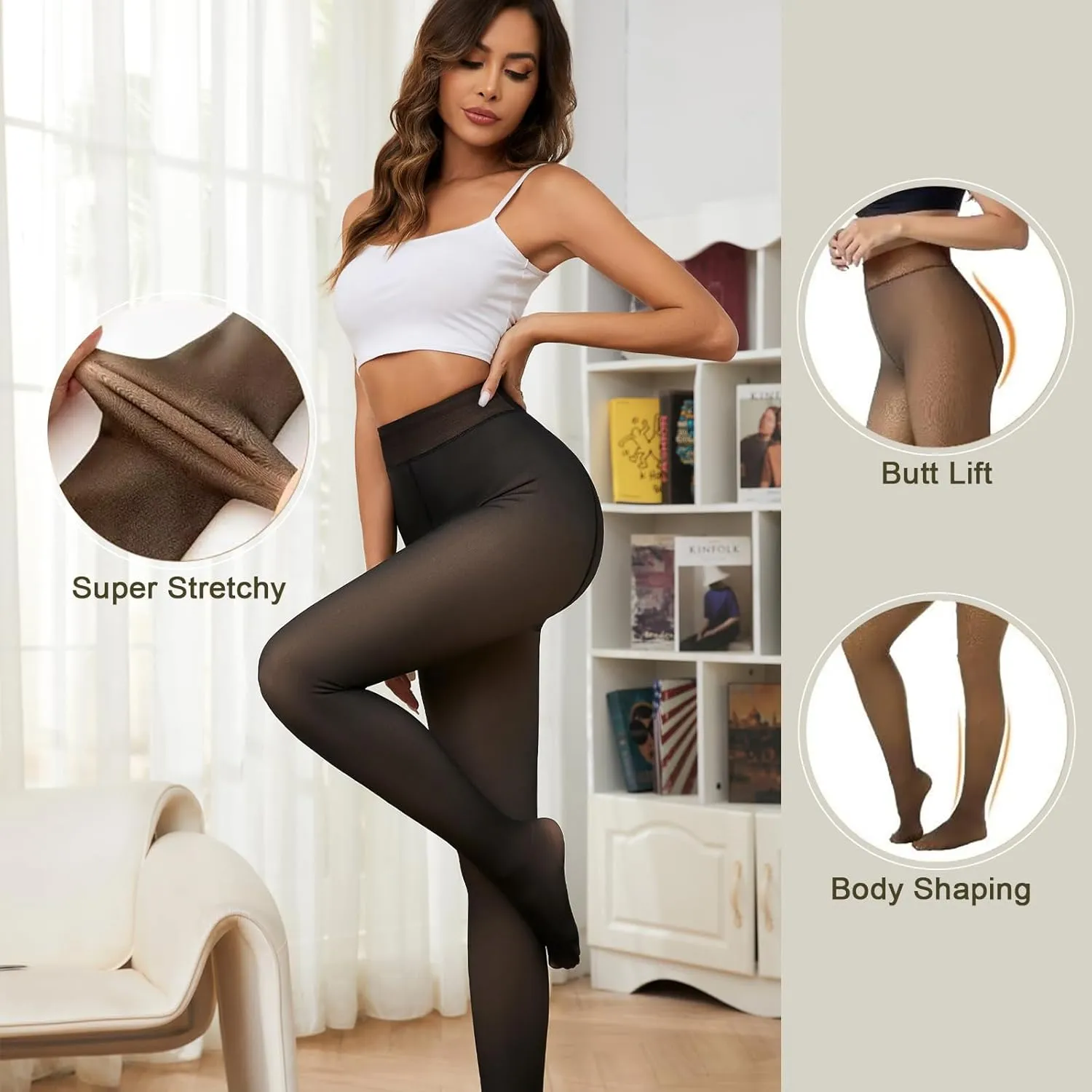 Fleece Lined Tights Women Fake Translucent Pantyhose Leggings High Waist Thermal Winter Warm Thick Sheer Tights