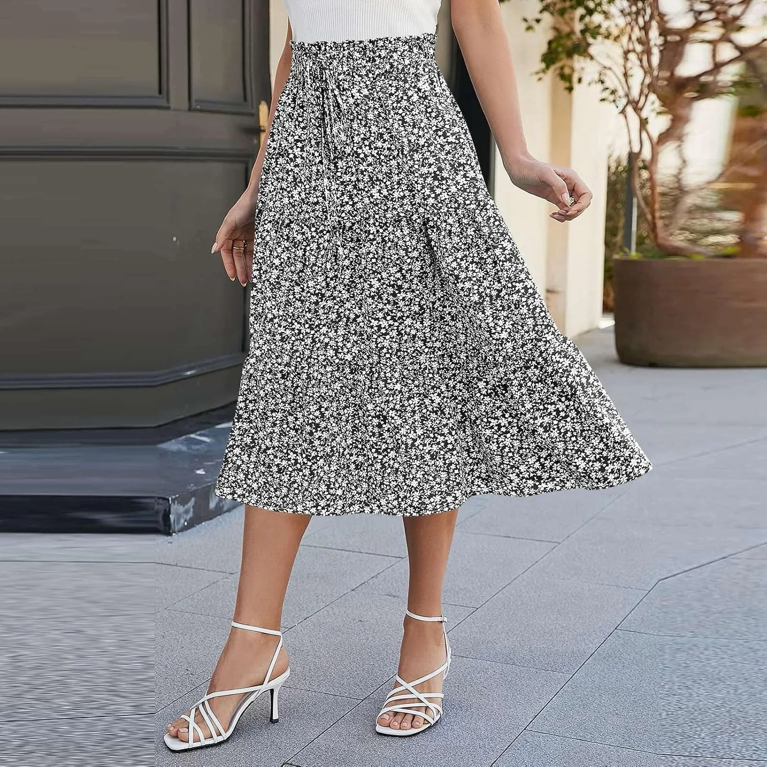Floral Maxi Skirts for Women Trendy Summer Boho Tiered Long Flowy Skirt Drawstring High Waisted Swing A-Line Skirt