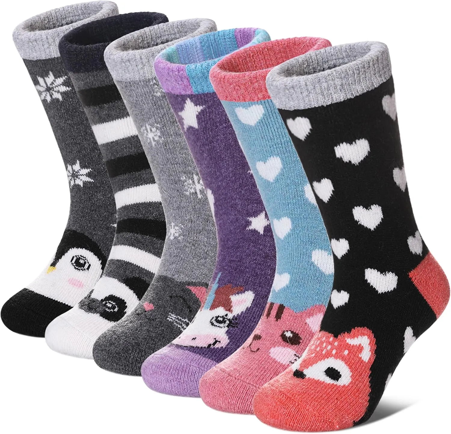 FNOVCO Kids Merino Wool Hiking Socks Toddlers Boys Girls Cozy Thermal Winter Thick Warm Crew Socks 6 Pairs