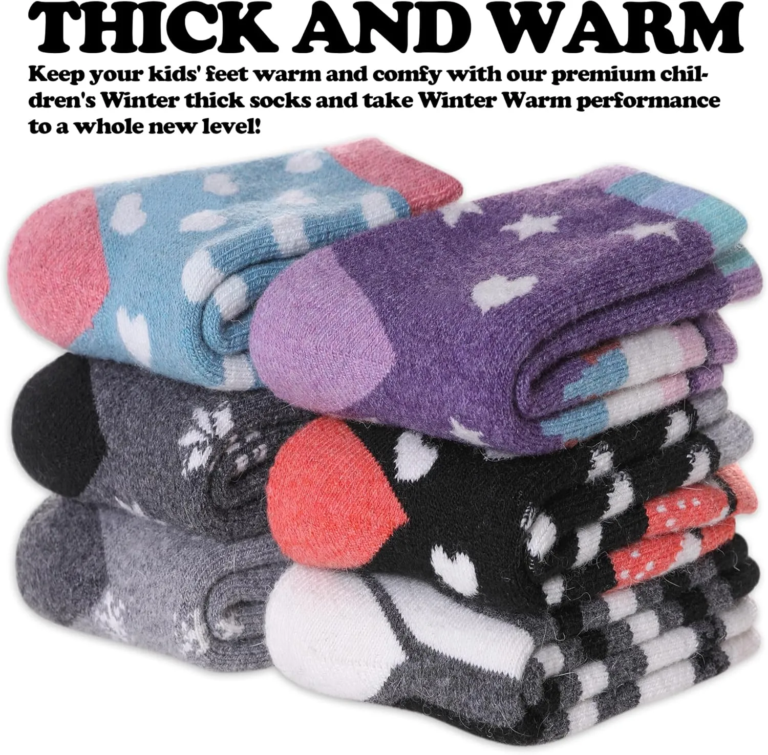 FNOVCO Kids Merino Wool Hiking Socks Toddlers Boys Girls Cozy Thermal Winter Thick Warm Crew Socks 6 Pairs