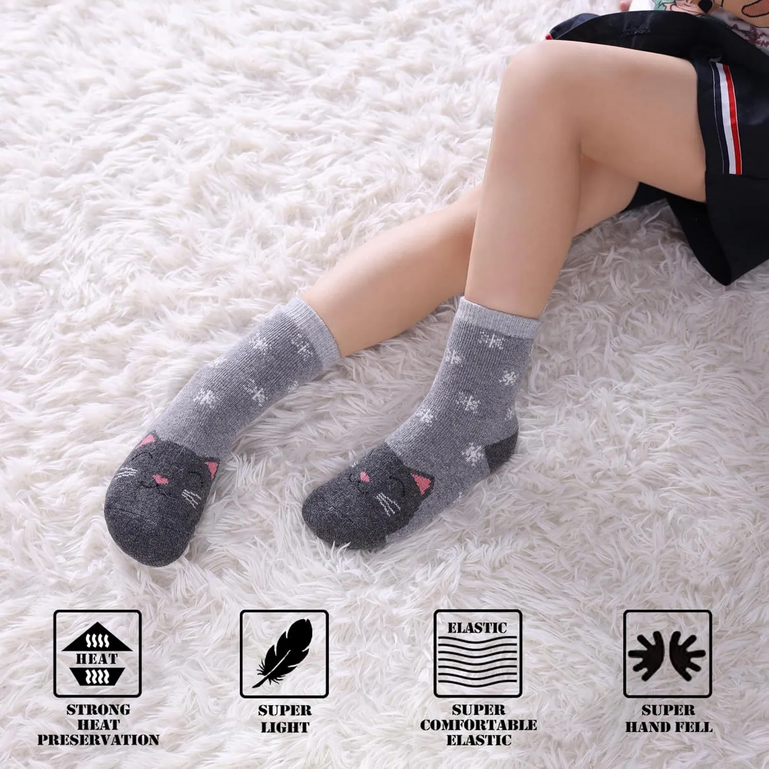 FNOVCO Kids Merino Wool Hiking Socks Toddlers Boys Girls Cozy Thermal Winter Thick Warm Crew Socks 6 Pairs