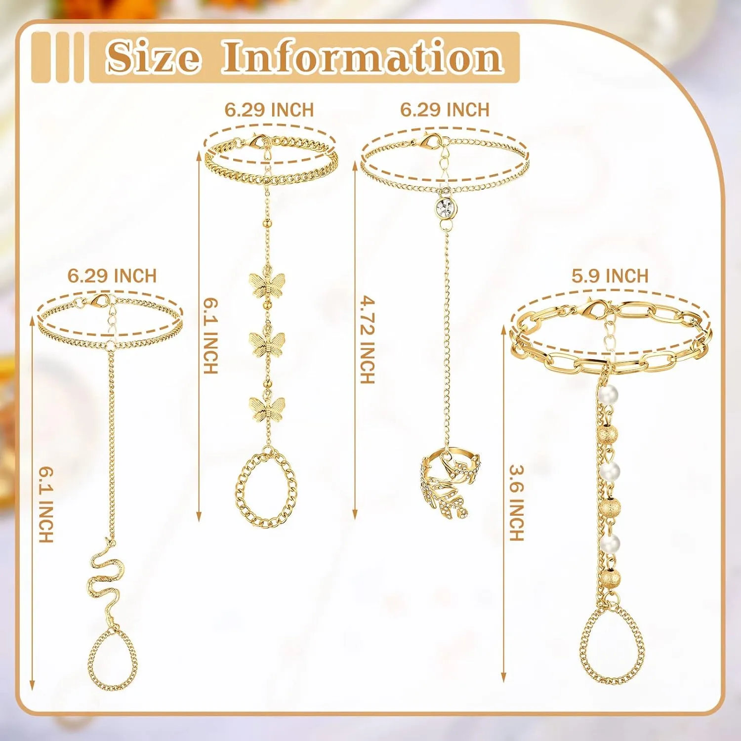 Fumete 6 pcs Finger Ring Bracelet Linked Rhinestone Hand Harness Chain Slave Bracelet with Ring Everyday Jewelry for Women