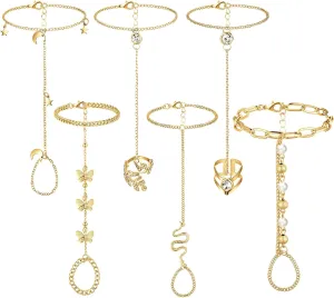 Fumete 6 pcs Finger Ring Bracelet Linked Rhinestone Hand Harness Chain Slave Bracelet with Ring Everyday Jewelry for Women
