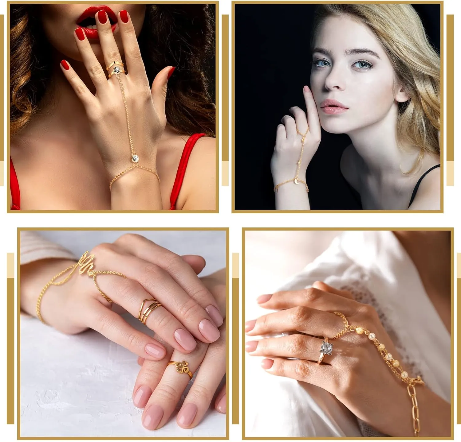 Fumete 6 pcs Finger Ring Bracelet Linked Rhinestone Hand Harness Chain Slave Bracelet with Ring Everyday Jewelry for Women