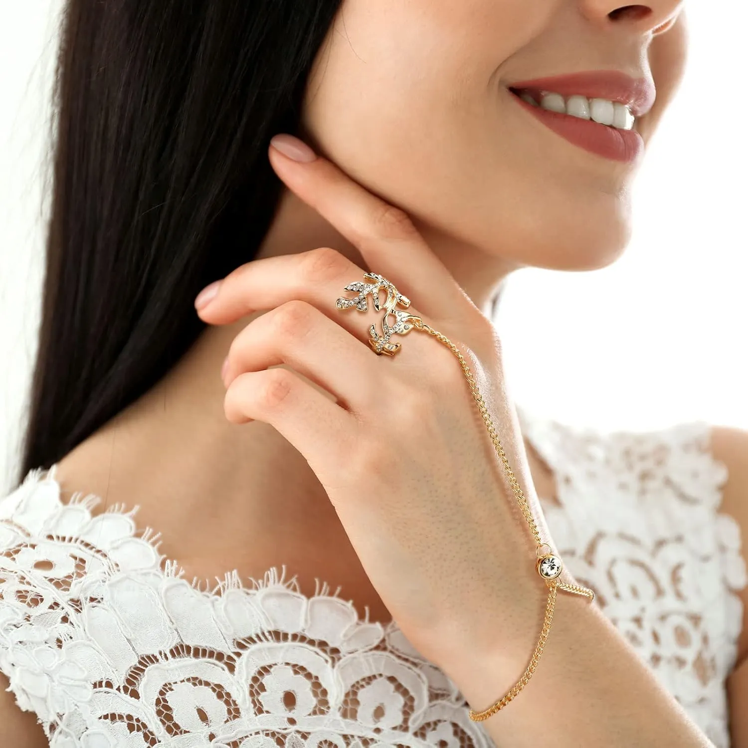 Fumete 6 pcs Finger Ring Bracelet Linked Rhinestone Hand Harness Chain Slave Bracelet with Ring Everyday Jewelry for Women