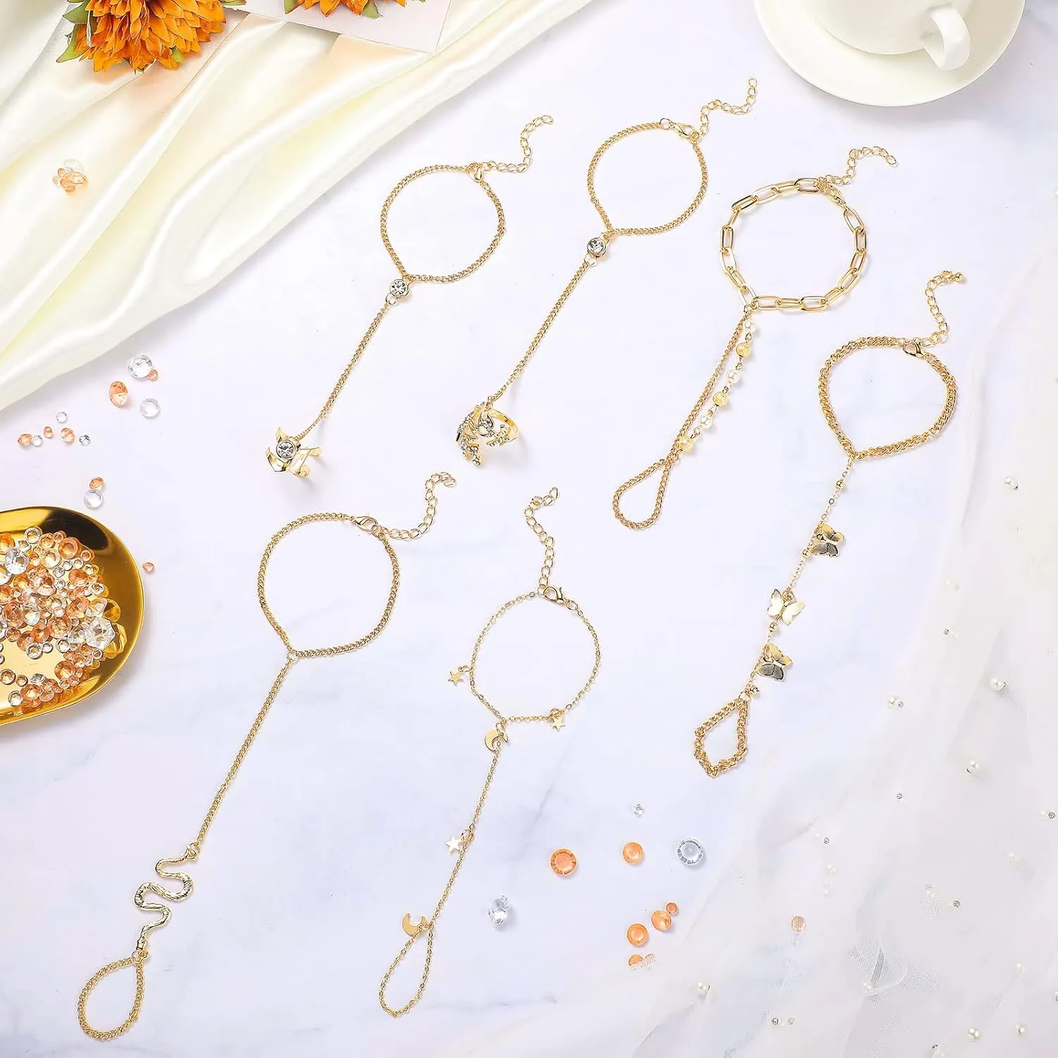 Fumete 6 pcs Finger Ring Bracelet Linked Rhinestone Hand Harness Chain Slave Bracelet with Ring Everyday Jewelry for Women