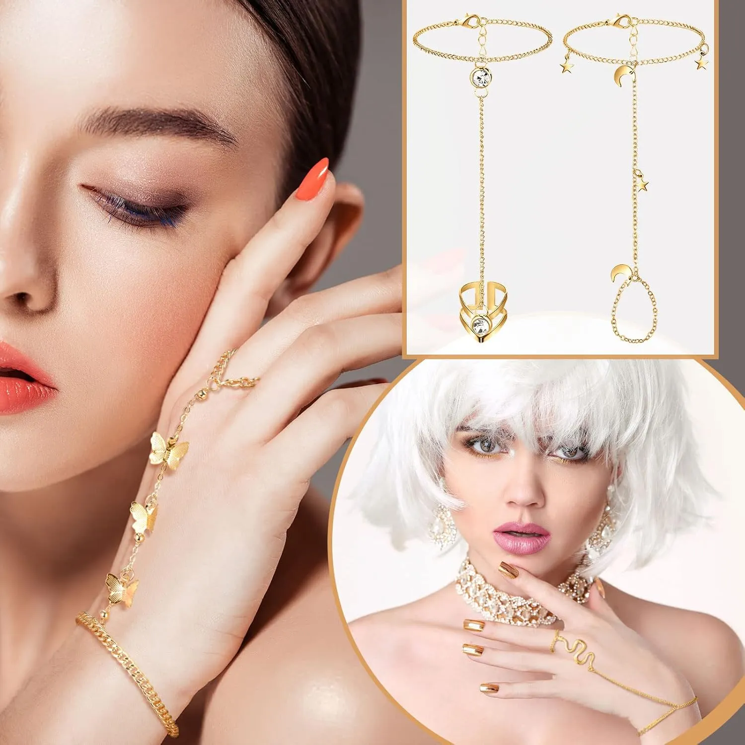 Fumete 6 pcs Finger Ring Bracelet Linked Rhinestone Hand Harness Chain Slave Bracelet with Ring Everyday Jewelry for Women