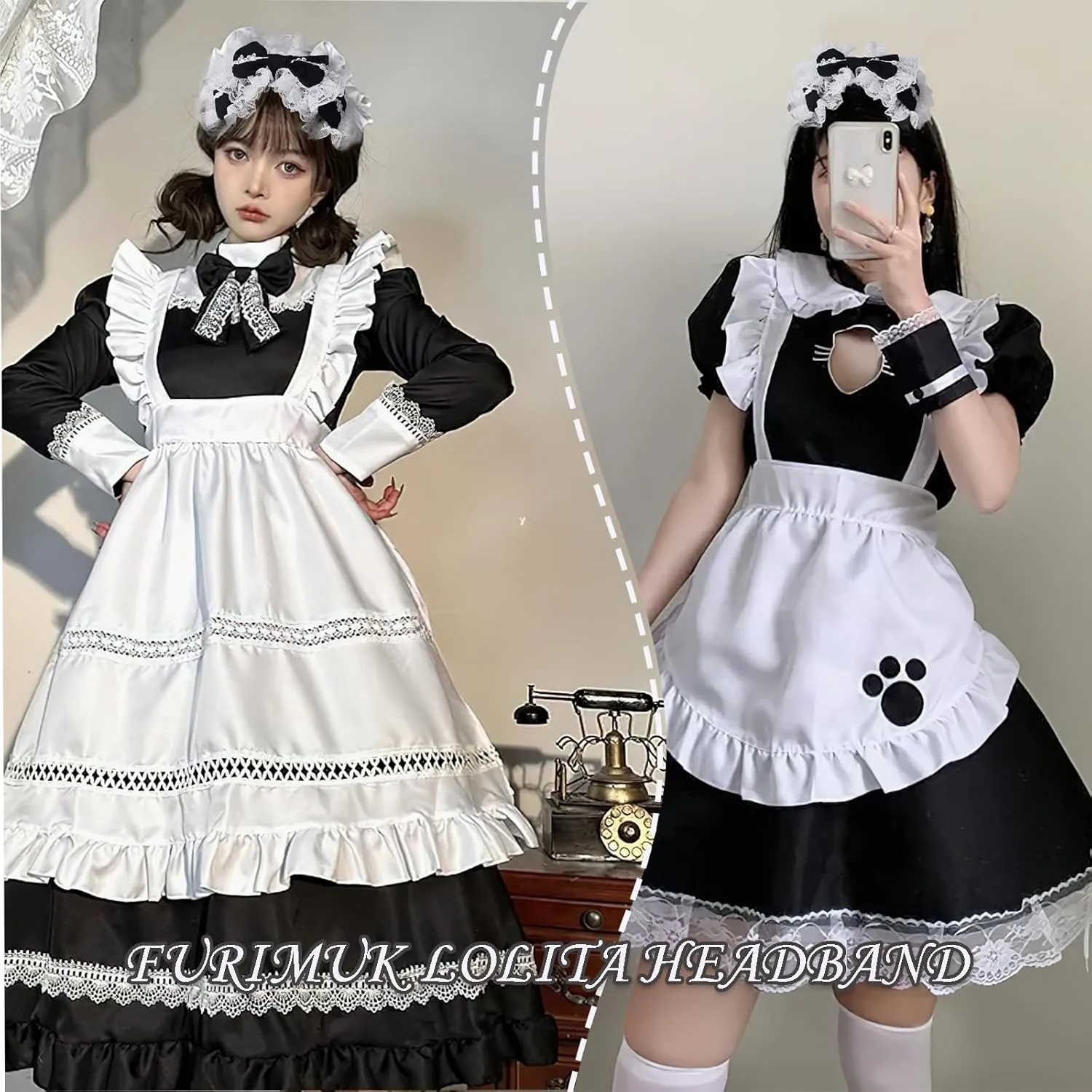 Furimuk Lolita Bow Lace Headband Headdress Gothic Ruffled Vintage Cosplay Hair Accessories for Tea Party Princess Costume