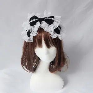 Furimuk Lolita Bow Lace Headband Headdress Gothic Ruffled Vintage Cosplay Hair Accessories for Tea Party Princess Costume