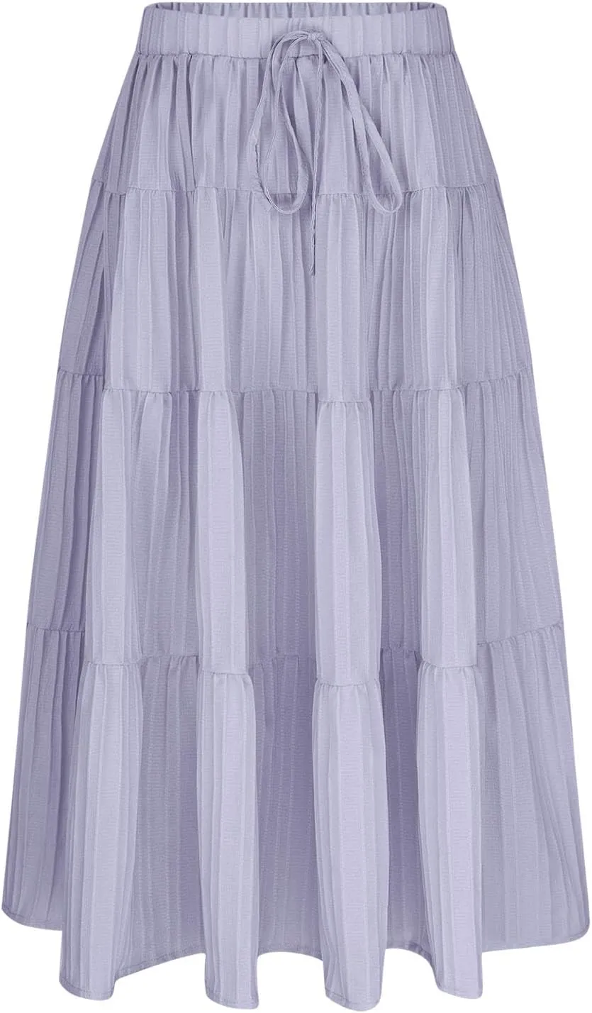 Girls Maxi Skirt Boho Casual Tiered High Waist A Line Flowy Long Skirt Kids Summer Swing Ankle Length Drawstring Skirts