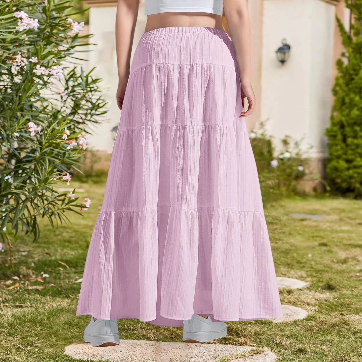 Girls Maxi Skirt Boho Casual Tiered High Waist A Line Flowy Long Skirt Kids Summer Swing Ankle Length Drawstring Skirts