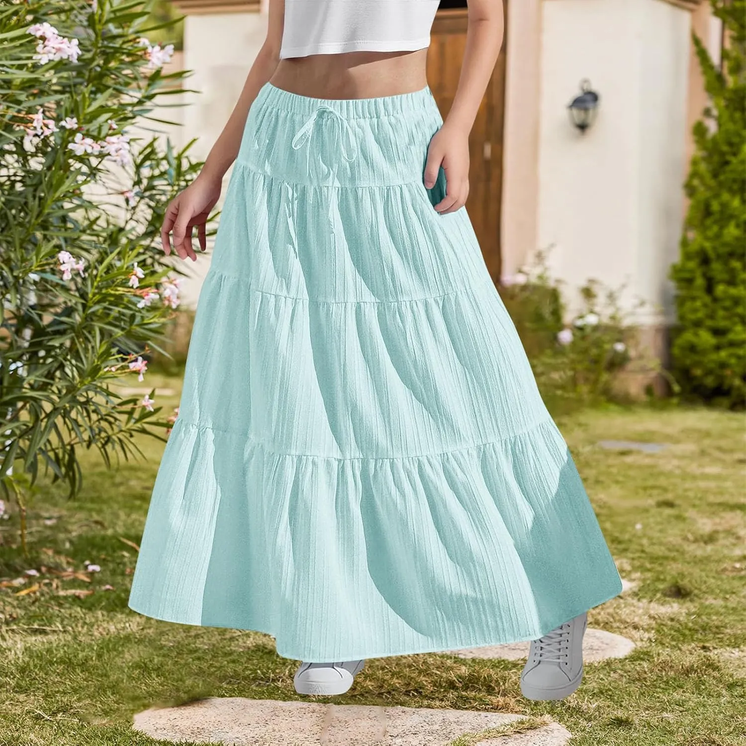 Girls Maxi Skirt Boho Casual Tiered High Waist A Line Flowy Long Skirt Kids Summer Swing Ankle Length Drawstring Skirts