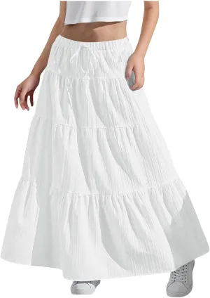 Girls Maxi Skirt Boho Casual Tiered High Waist A Line Flowy Long Skirt Kids Summer Swing Ankle Length Drawstring Skirts