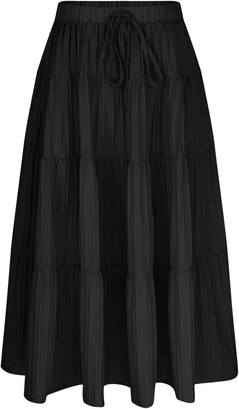 Girls Maxi Skirt Boho Casual Tiered High Waist A Line Flowy Long Skirt Kids Summer Swing Ankle Length Drawstring Skirts