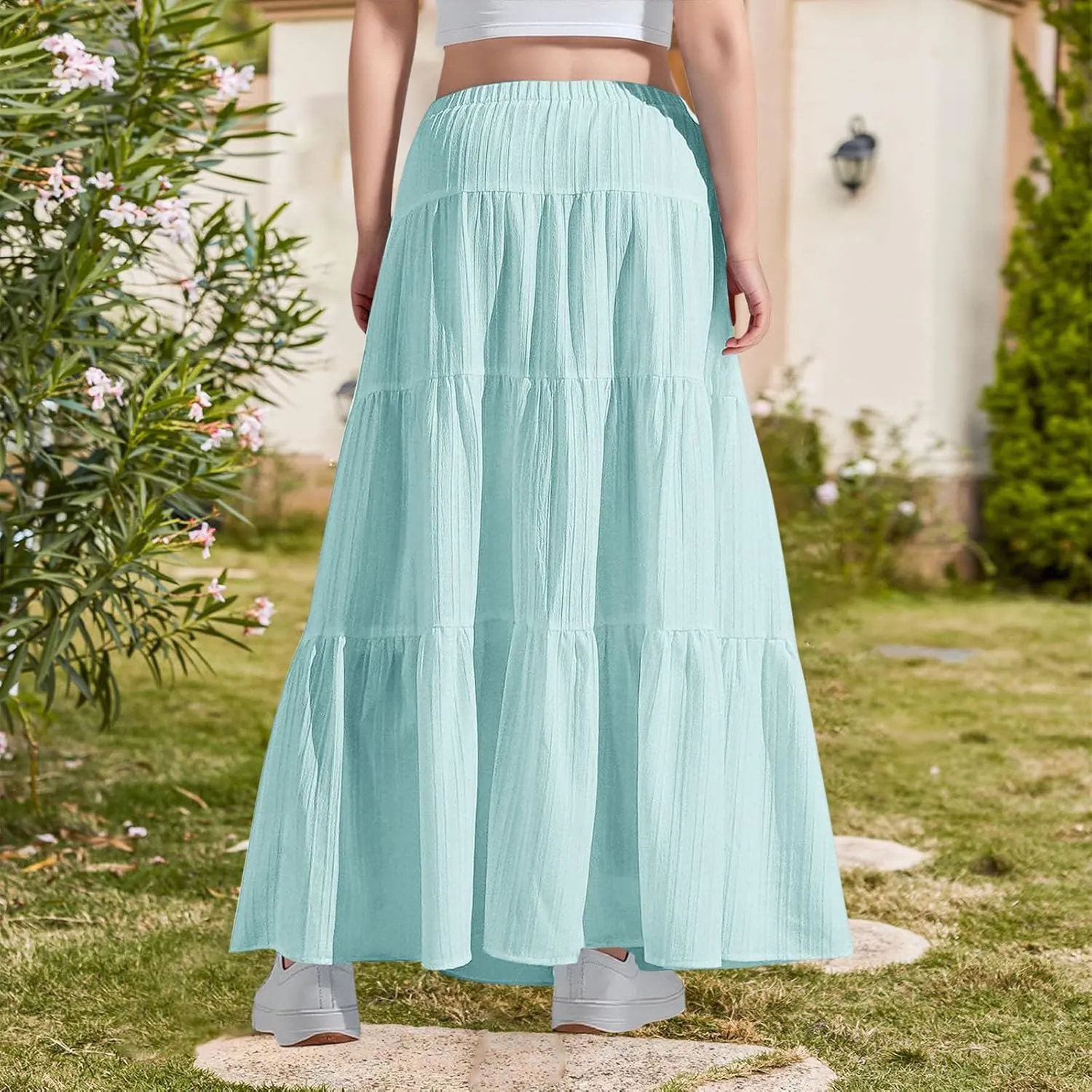Girls Maxi Skirt Boho Casual Tiered High Waist A Line Flowy Long Skirt Kids Summer Swing Ankle Length Drawstring Skirts