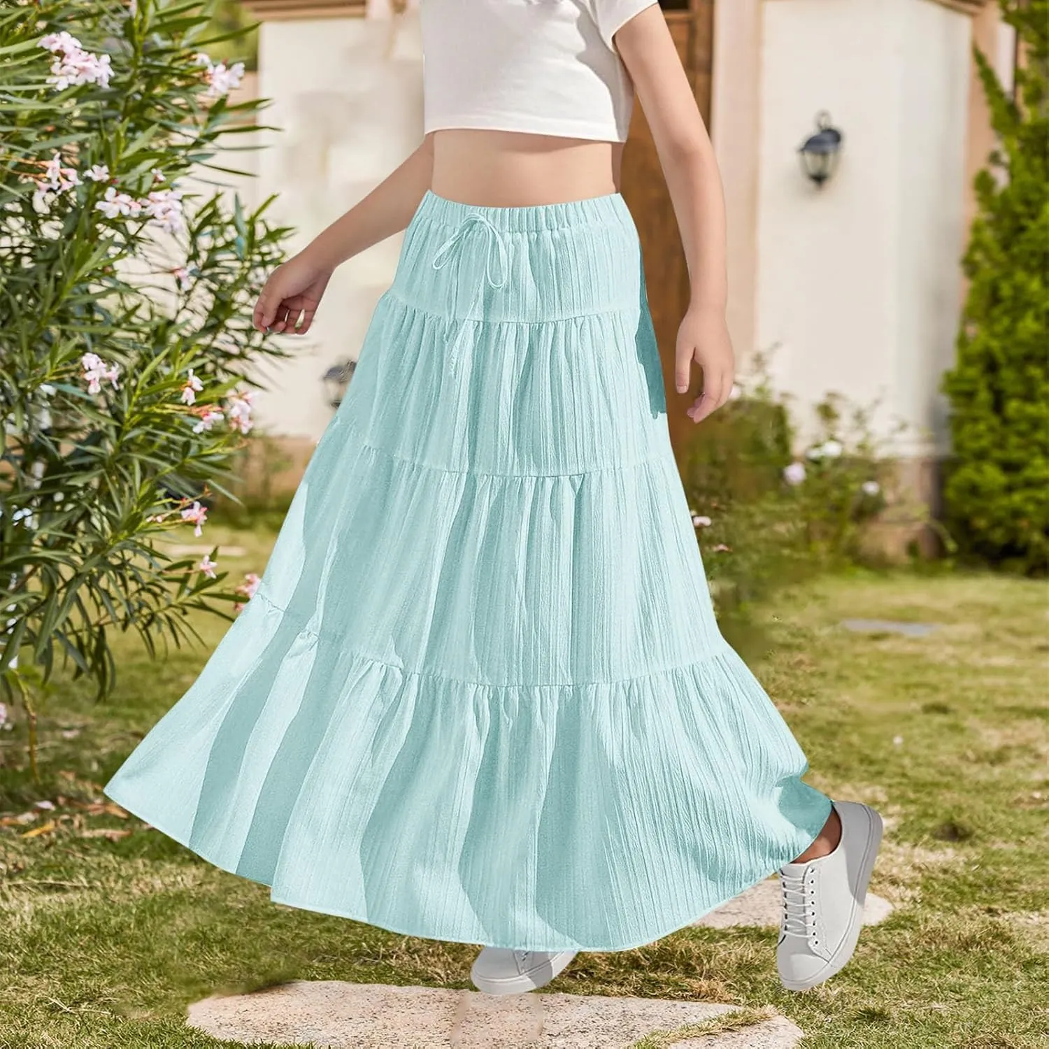 Girls Maxi Skirt Boho Casual Tiered High Waist A Line Flowy Long Skirt Kids Summer Swing Ankle Length Drawstring Skirts