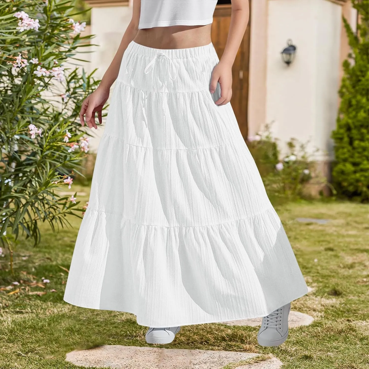 Girls Maxi Skirt Boho Casual Tiered High Waist A Line Flowy Long Skirt Kids Summer Swing Ankle Length Drawstring Skirts
