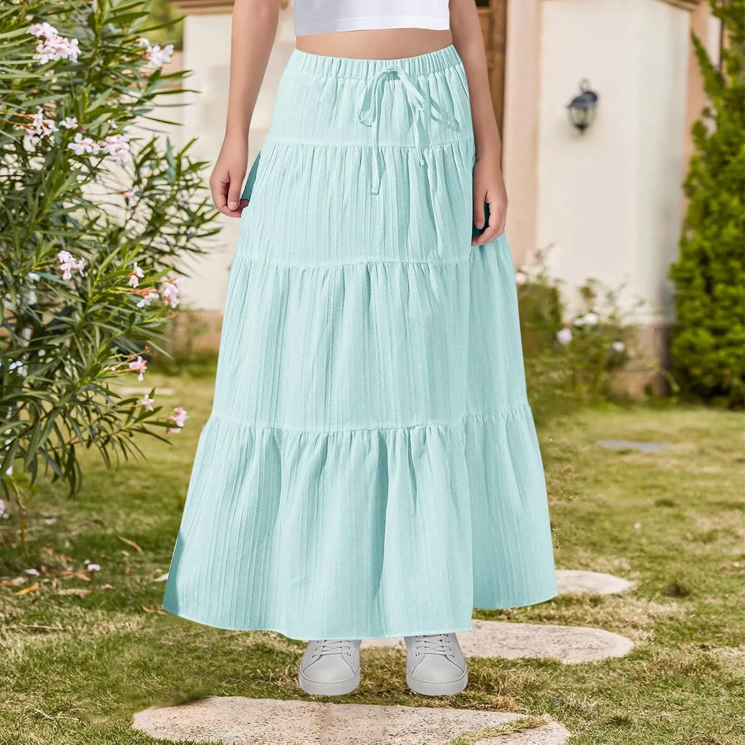Girls Maxi Skirt Boho Casual Tiered High Waist A Line Flowy Long Skirt Kids Summer Swing Ankle Length Drawstring Skirts