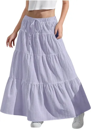 Girls Maxi Skirt Boho Casual Tiered High Waist A Line Flowy Long Skirt Kids Summer Swing Ankle Length Drawstring Skirts
