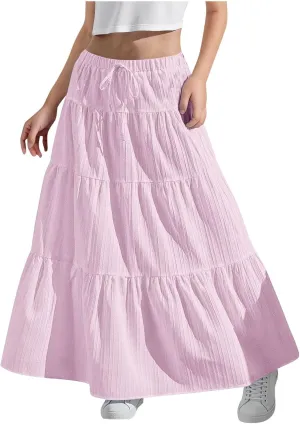 Girls Maxi Skirt Boho Casual Tiered High Waist A Line Flowy Long Skirt Kids Summer Swing Ankle Length Drawstring Skirts