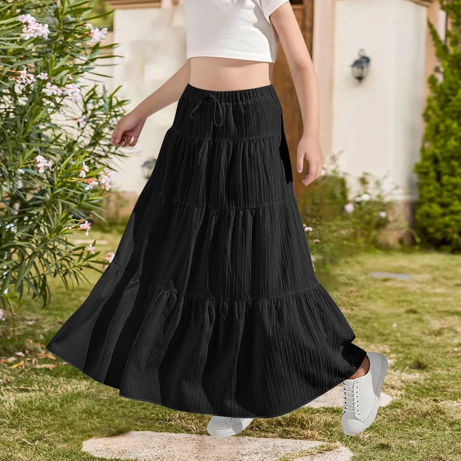 Girls Maxi Skirt Boho Casual Tiered High Waist A Line Flowy Long Skirt Kids Summer Swing Ankle Length Drawstring Skirts