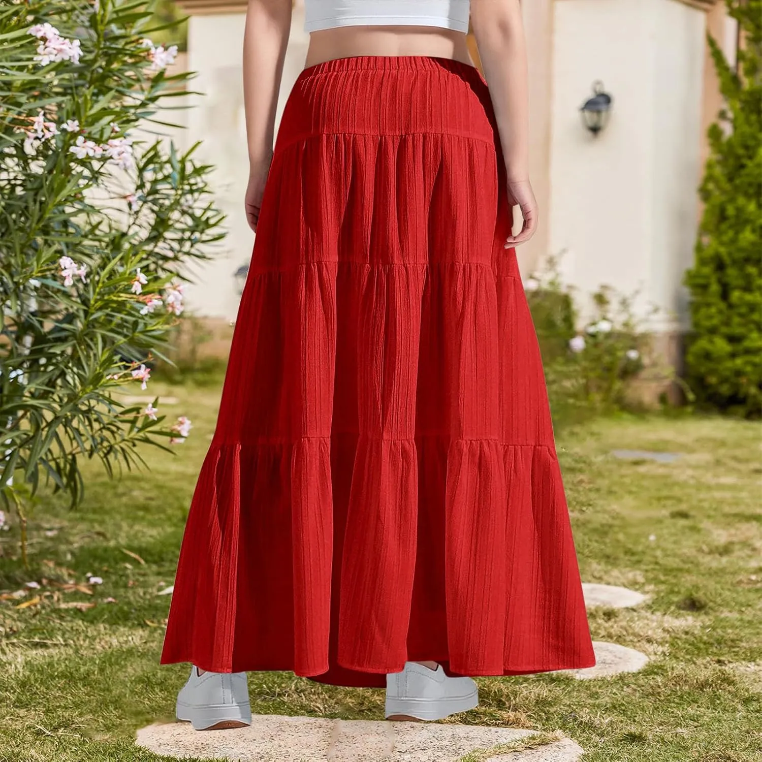 Girls Maxi Skirt Boho Casual Tiered High Waist A Line Flowy Long Skirt Kids Summer Swing Ankle Length Drawstring Skirts