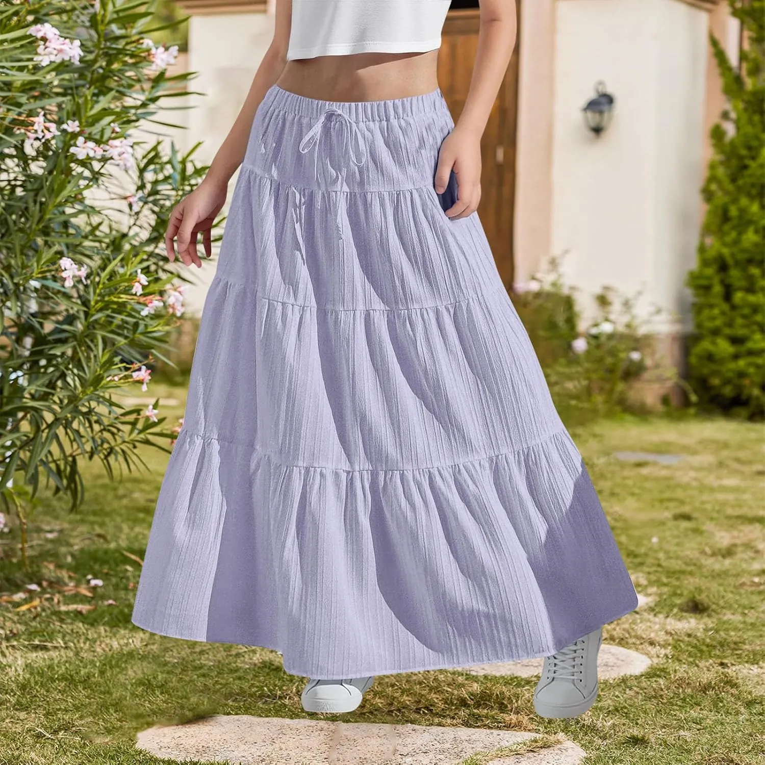 Girls Maxi Skirt Boho Casual Tiered High Waist A Line Flowy Long Skirt Kids Summer Swing Ankle Length Drawstring Skirts
